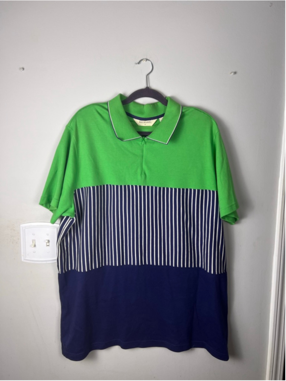 Bechamel Polo Shirt Womens 2X Green Navy Colorblock Stripe Vintage Shoulder Pads
